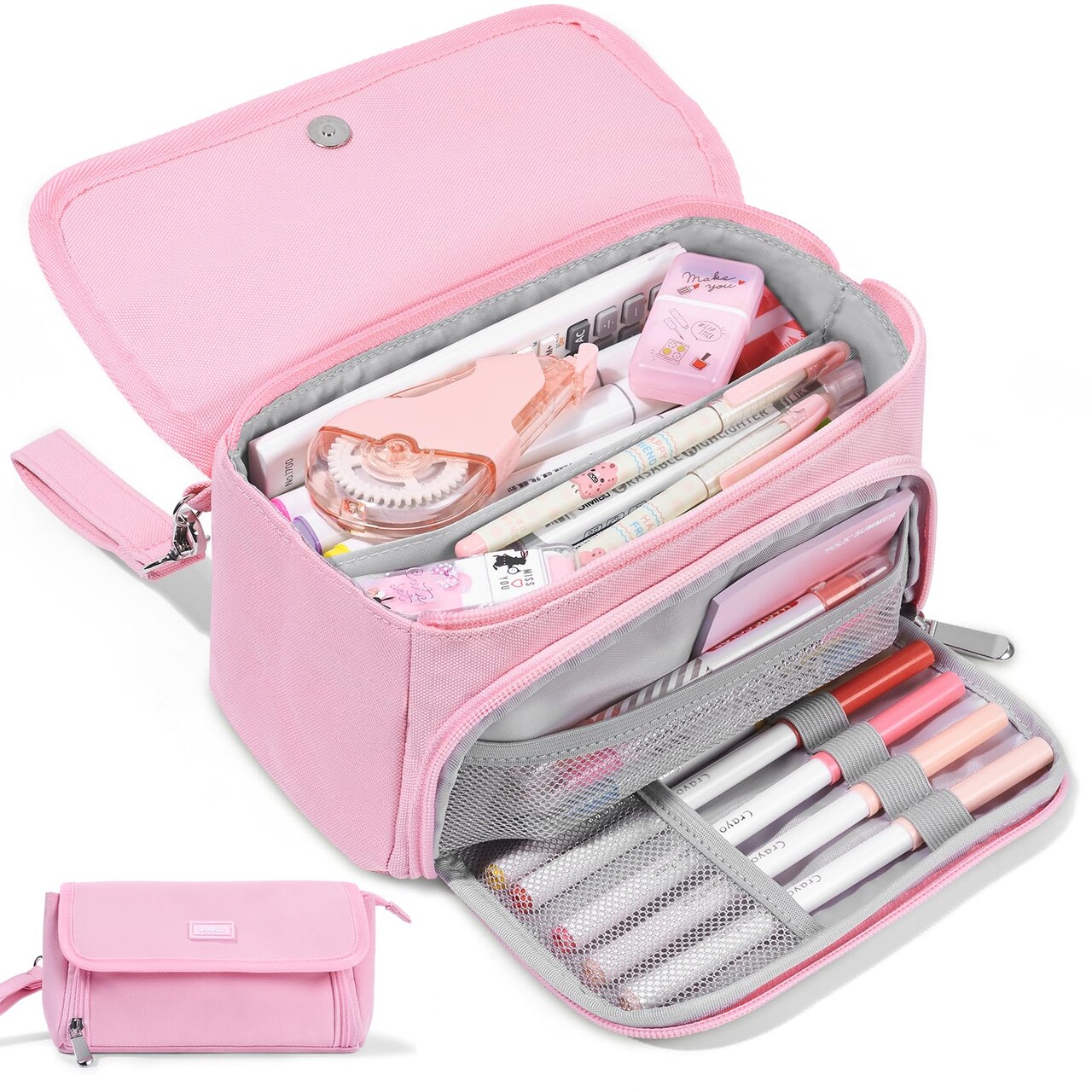 Sooez Super Large Pencil Case, Big Capacity Pencil Bag with 3 Compartments, can hold 100 pencils, Cute Pencil Pouch with Zipper, Portable Stationery Pen Bag, Aesthetic School Supplies For Girls, Pink